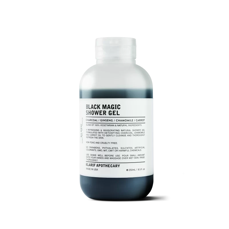A 250ml bottle of Klarif Black-Magic-Shower-Gel