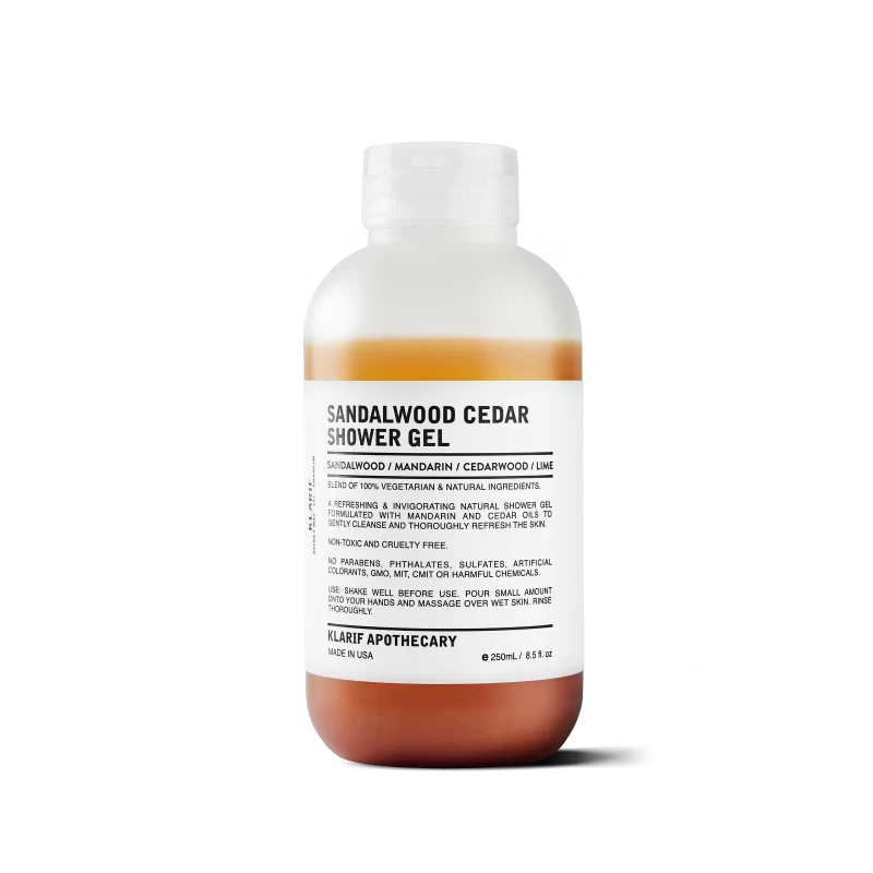 A 250ml bottle of Klarif Sandalwood Cedar Shower Gel
